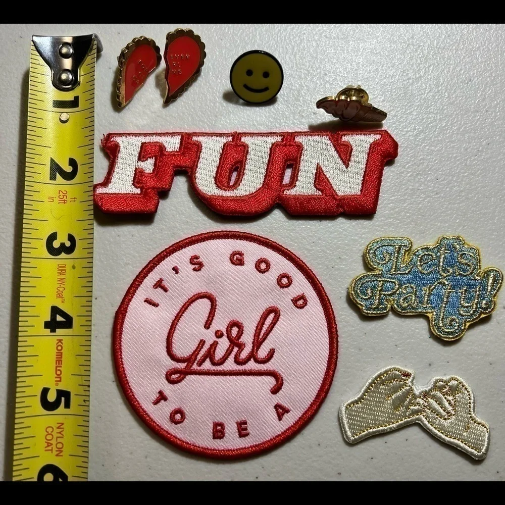 (Lot of 8) Enamel Pins and Patches (4 pins) (4 patches) Party Girl Heart Fun
